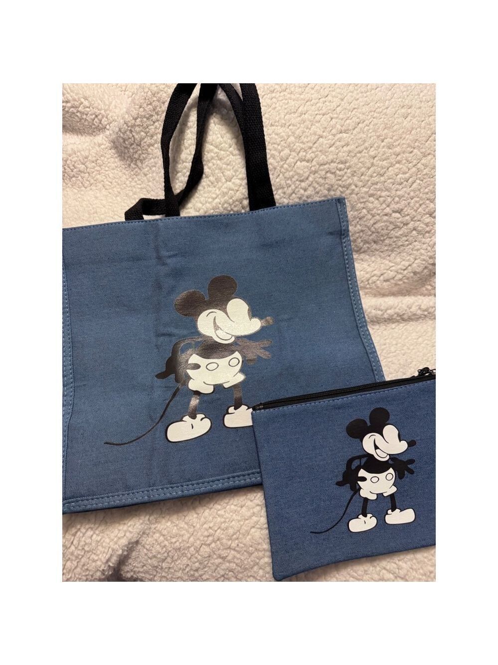 Disney Mickey Mouse Blue Denim Canvas Tote Bag & Matching Zipper Pouch Set